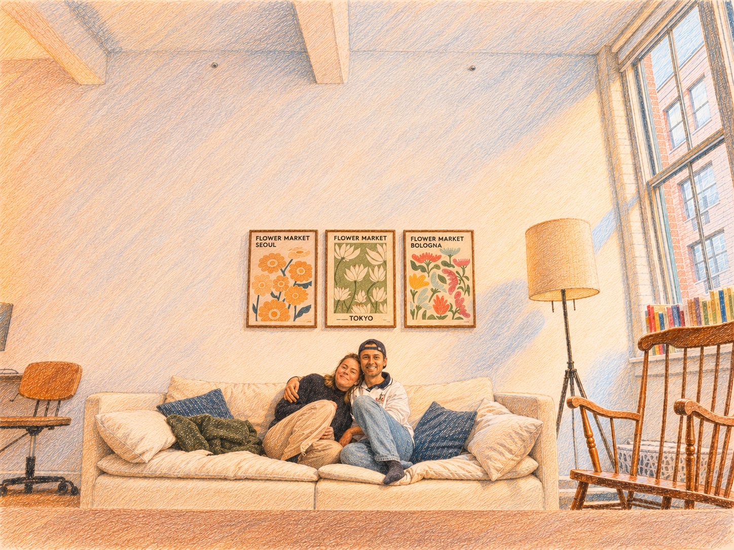 Coloured pencil drawing of Nick and Kate on the sofa in their living room